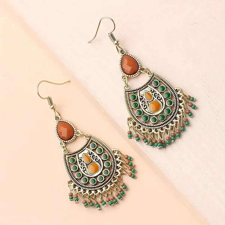 Vintage Court Style Geometric Beaded Dangle Earrings - Image 4
