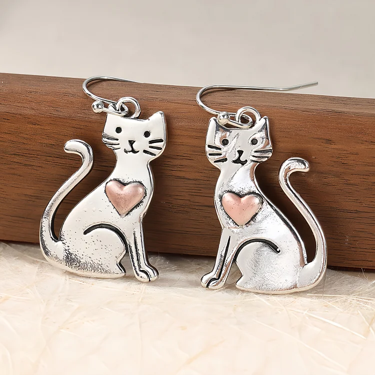 Vintage Cute Cat with Heart Earrings - Image 2