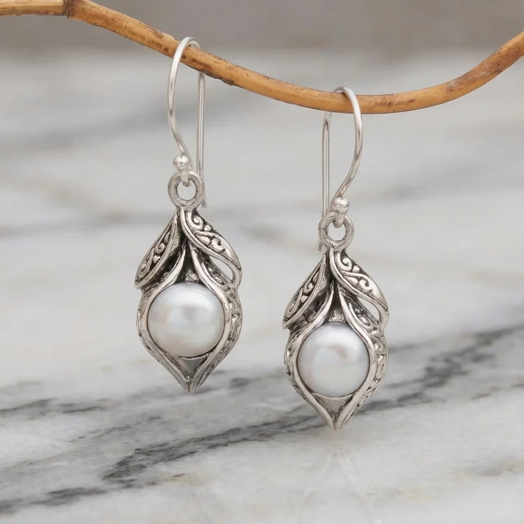 Vintage Dangling Pearl Silver Earrings - Image 2