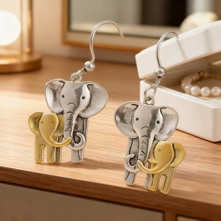 Vintage Elephant Mom And Baby Elephant Animal Earrings - Image 2