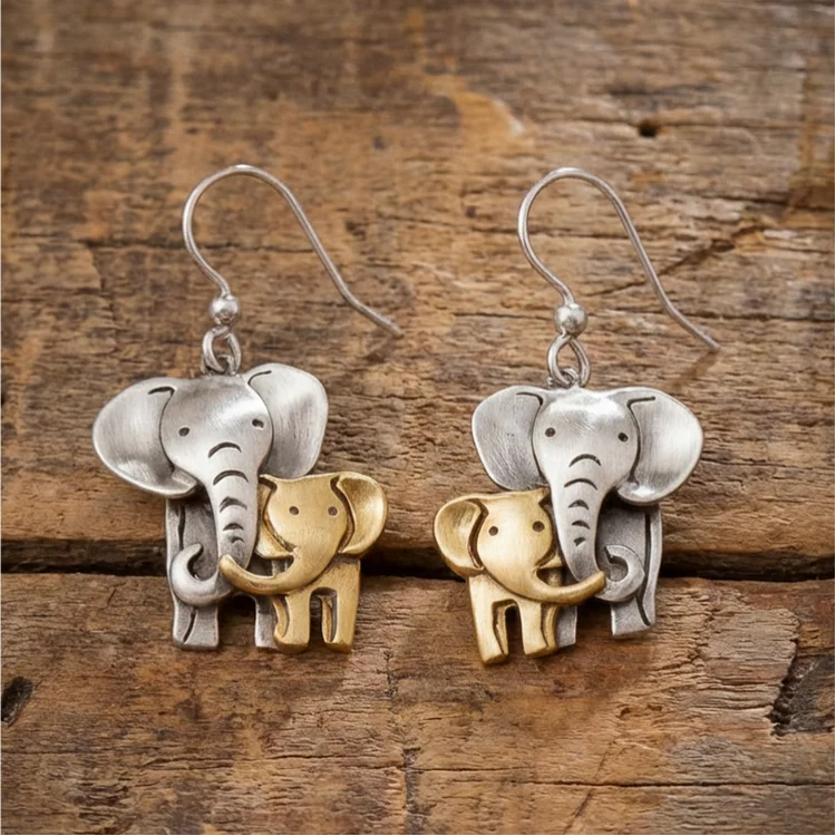 Vintage Elephant Mom And Baby Elephant Animal Earrings - Image 3