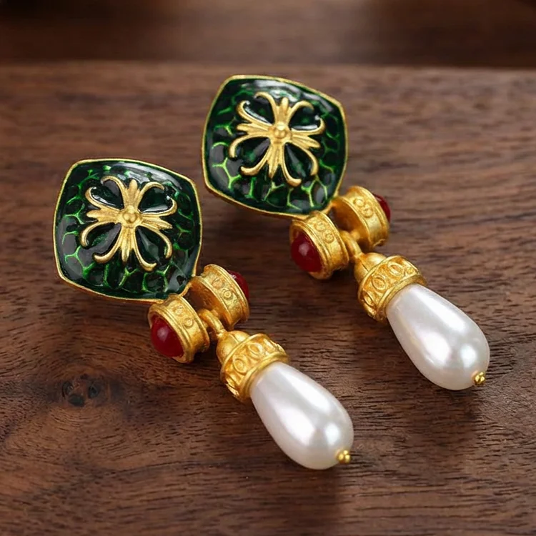 Vintage Emerald Enamel Pearl Drop Earrings - Image 2