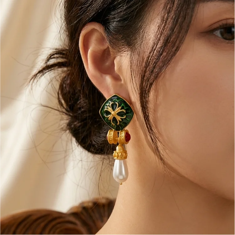Vintage Emerald Enamel Pearl Drop Earrings - Image 3