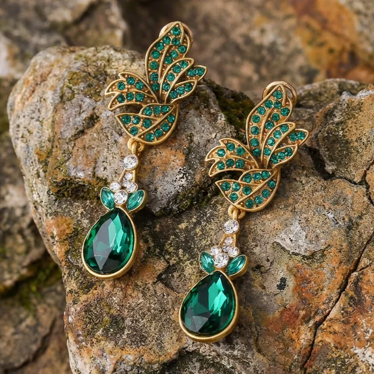Vintage Emerald Green Gem Drop Earrings - Image 2
