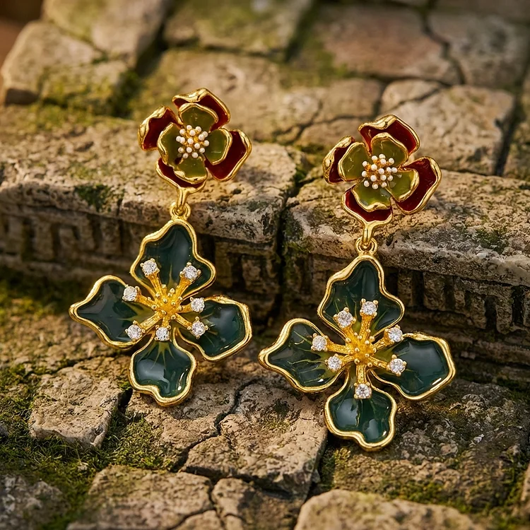 Vintage Enamel Clover Flower Earrings - Image 2