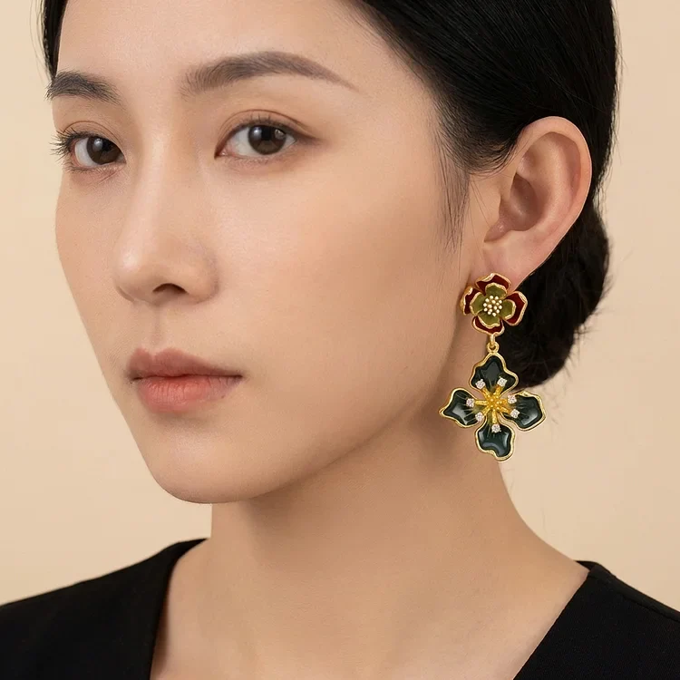 Vintage Enamel Clover Flower Earrings - Image 3