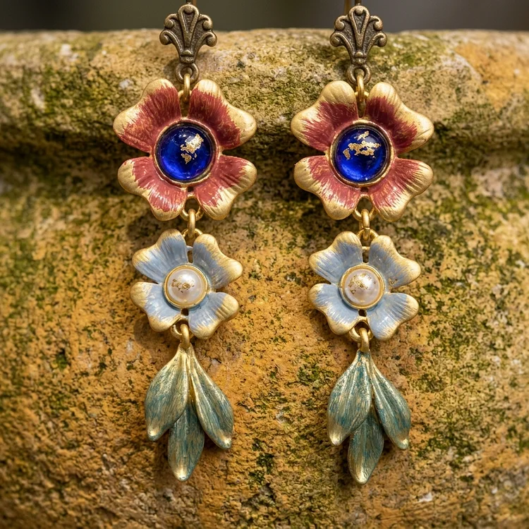 Vintage Enamel Flower Bouquet Earrings - Image 2