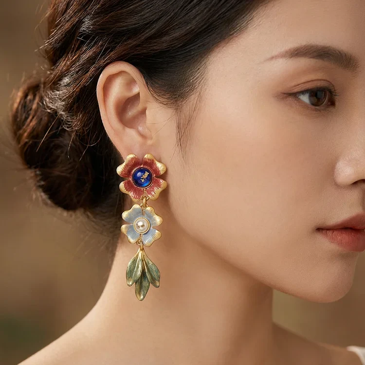 Vintage Enamel Flower Bouquet Earrings - Image 3