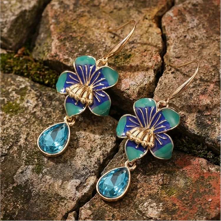 Vintage Enamel Pansy Flower Drop Earrings - Image 2