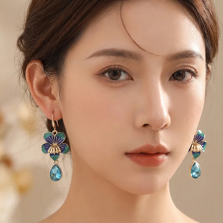 Vintage Enamel Pansy Flower Drop Earrings - Image 3