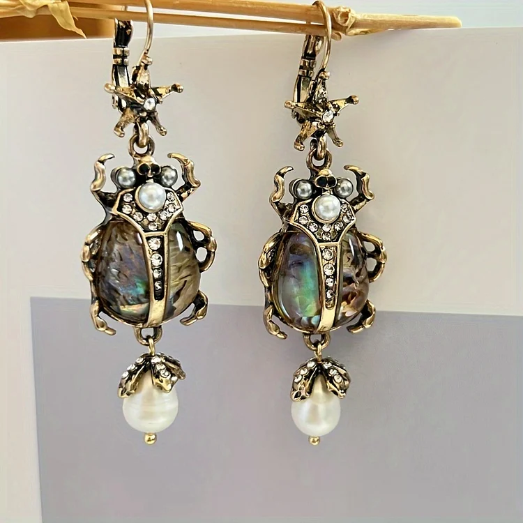 Vintage Freshwater Pearl Insect Dangle Earrings - Image 2