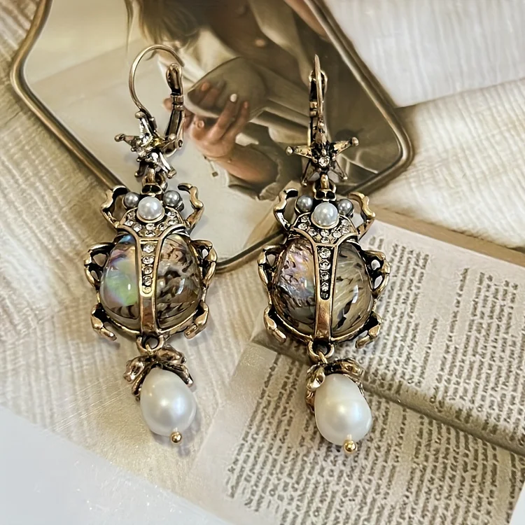 Vintage Freshwater Pearl Insect Dangle Earrings - Image 3