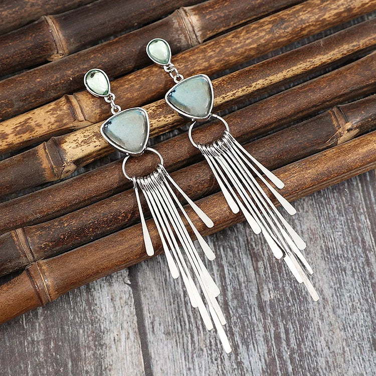 Vintage Geometric Tassel Inlaid Gemstone Earrings - Image 2