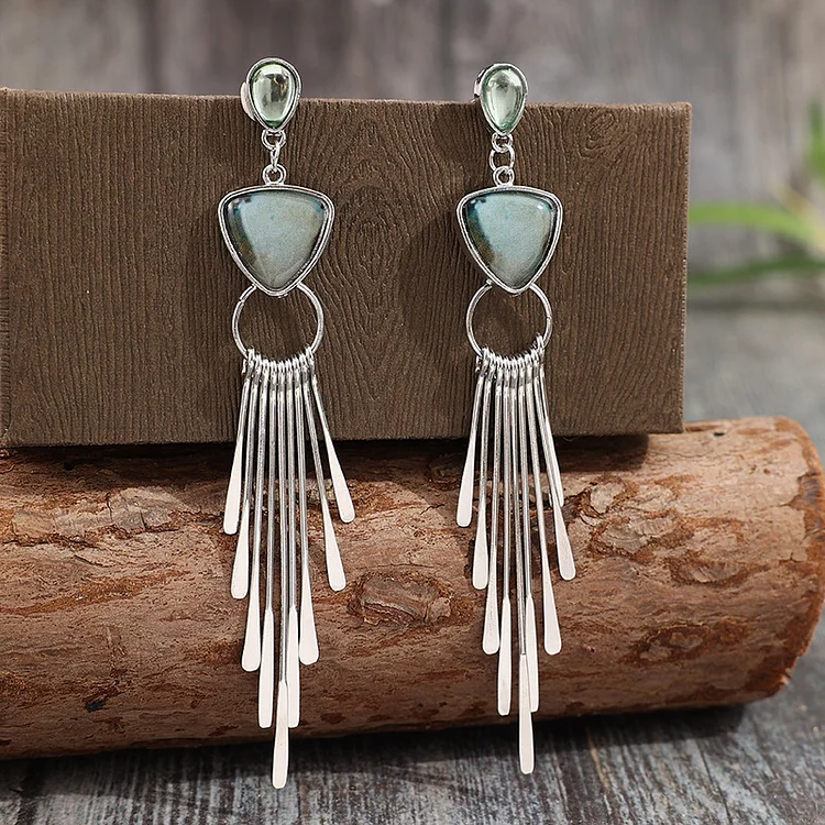 Vintage Geometric Tassel Inlaid Gemstone Earrings - Image 3