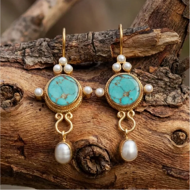Vintage Gold And Pearl Turquoise Earrings - Image 2