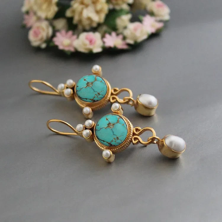 Vintage Gold And Pearl Turquoise Earrings - Image 3