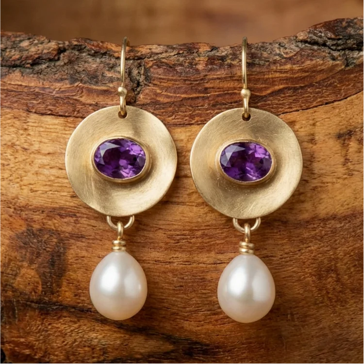 Vintage Golden Purple Zirconia Pearl Earrings - Image 2