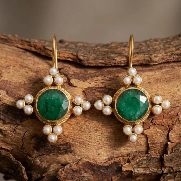 Vintage Green Crystal & Pearls Earrings - Image 2