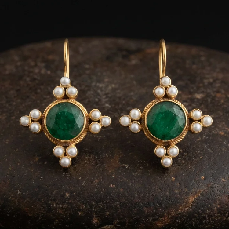 Vintage Green Crystal & Pearls Earrings - Image 3