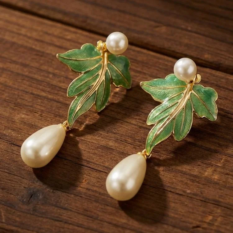 Vintage Green Enamel Leaf Pearl Drop Earrings - Image 2