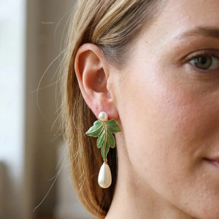 Vintage Green Enamel Leaf Pearl Drop Earrings - Image 3