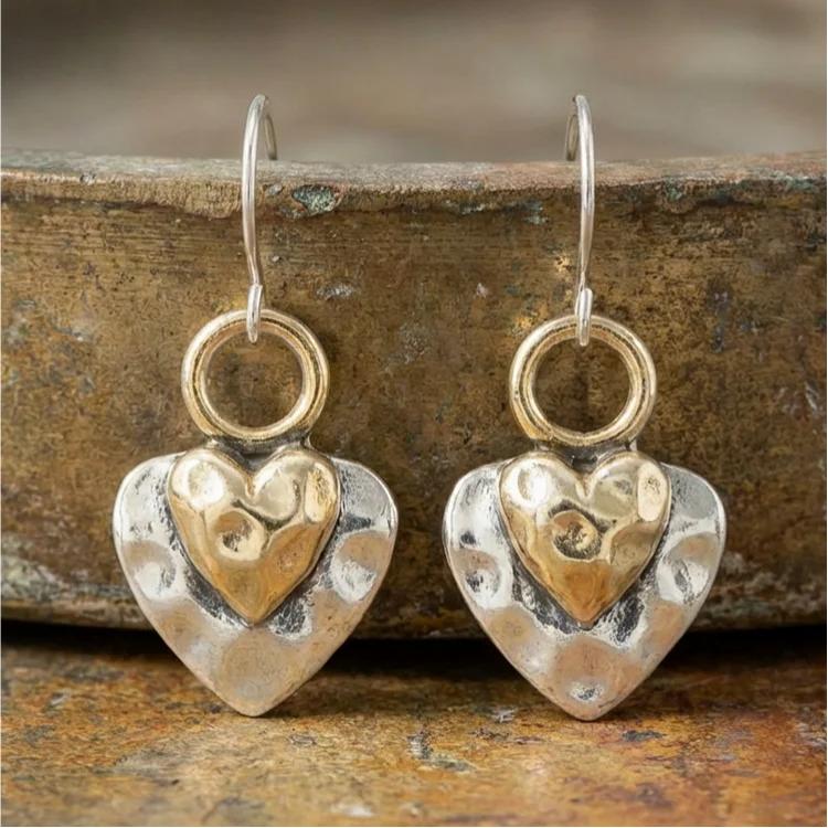 Vintage Hammered Two-Tone Heart Drop Earrings - Image 2