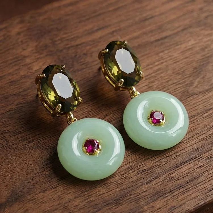 Vintage Handcrafted Jade Circle Drop Earrings - Image 2