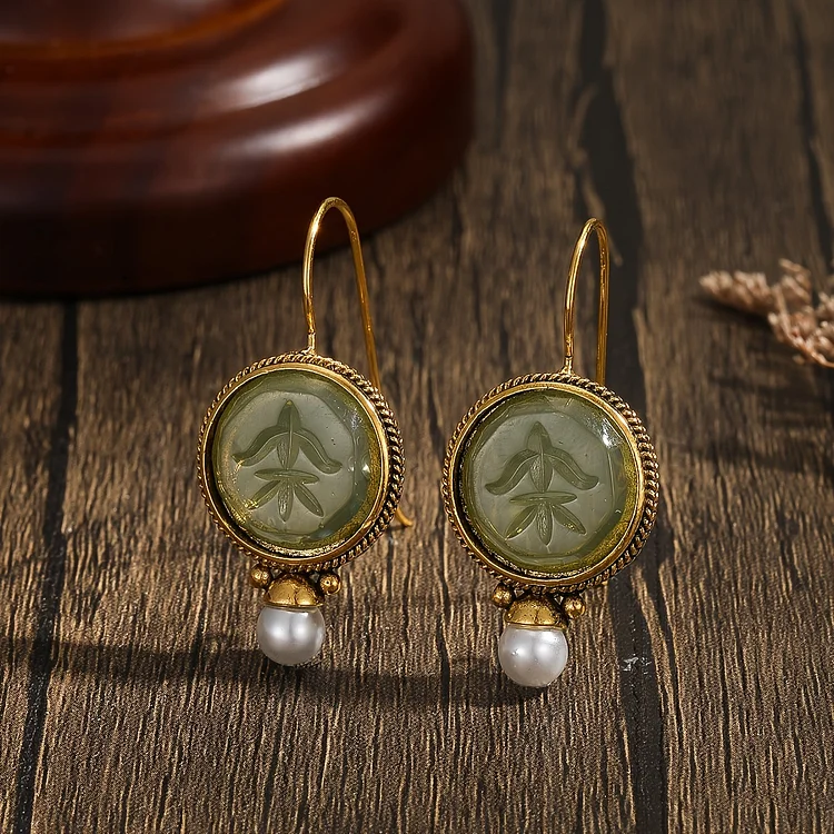Vintage Hexagonal Green & Pearl Earrings - Image 2