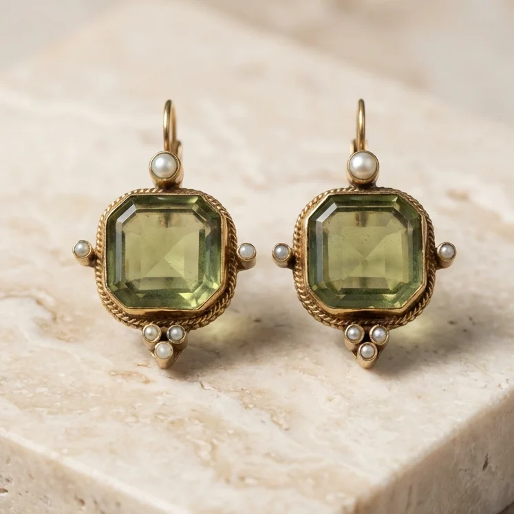 Vintage Hexagonal Green & Pearl Earrings - Image 2