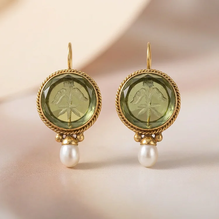 Vintage Hexagonal Green & Pearl Earrings - Image 3