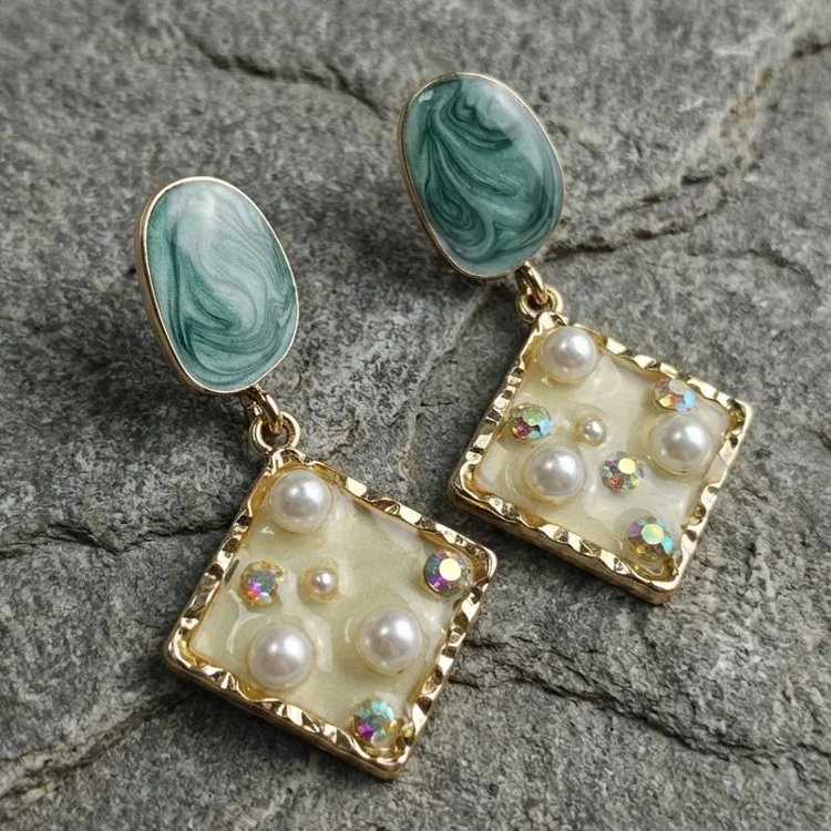 Vintage Marquise Marble & Pearl Drop Earrings - Image 2
