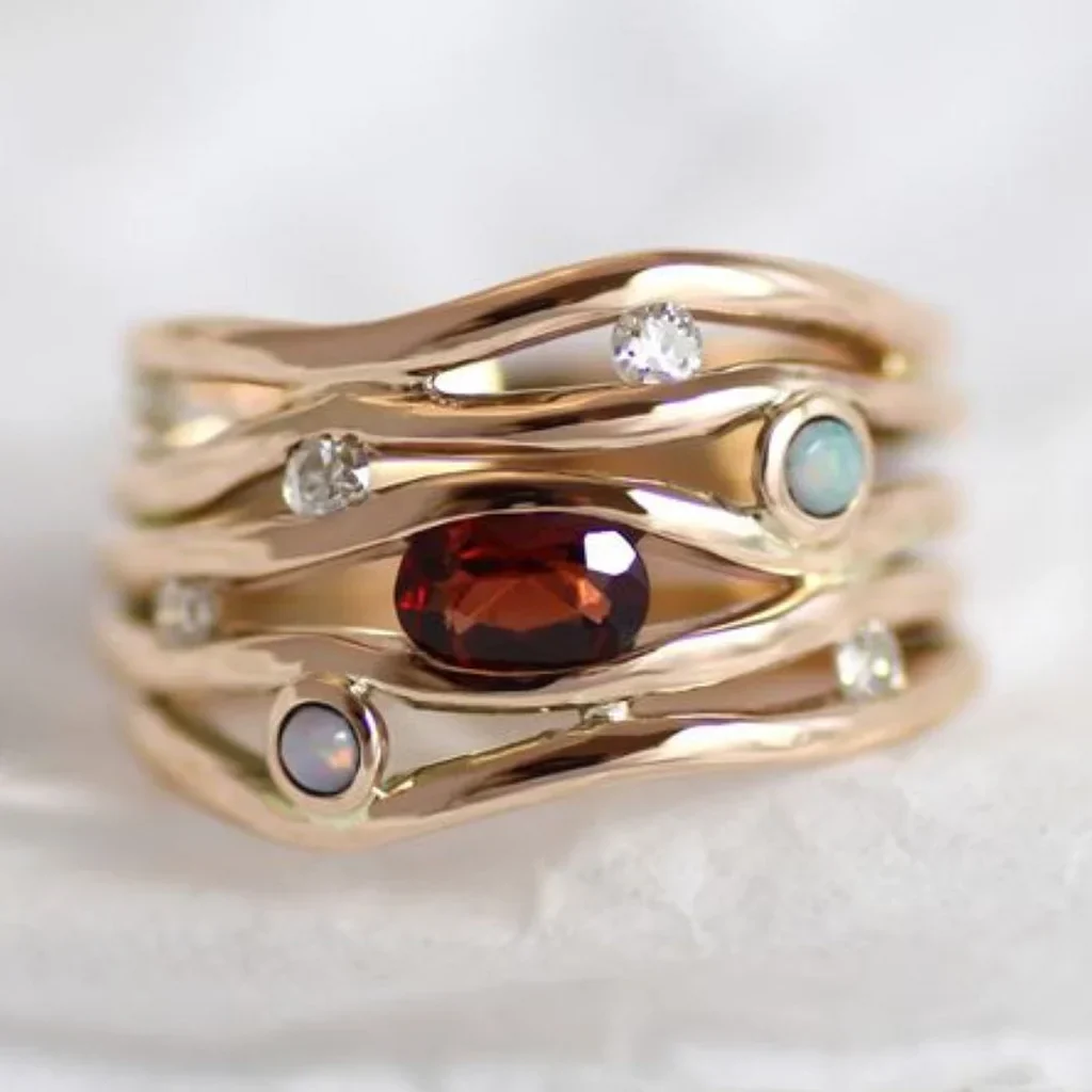 Vintage Multi-Stone Gold Wave Ring - Image 2