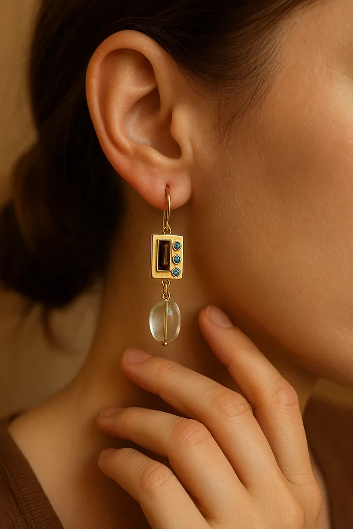 Vintage Natural Stone Golden Dangle Earrings - Image 3