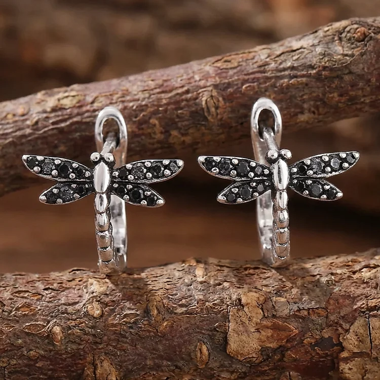 Vintage Round Inlaid Zirconia Dragonfly Earrings - Image 2