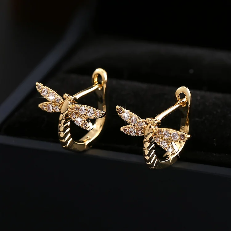 Vintage Round Inlaid Zirconia Dragonfly Earrings - Image 3
