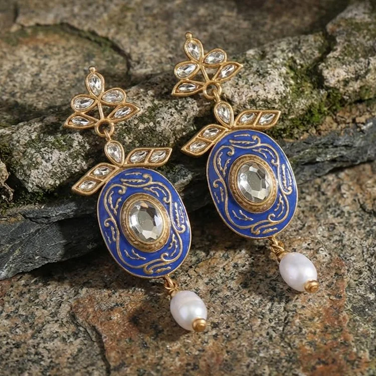 Vintage Royal Blue Enamel Pearl Earrings - Image 2