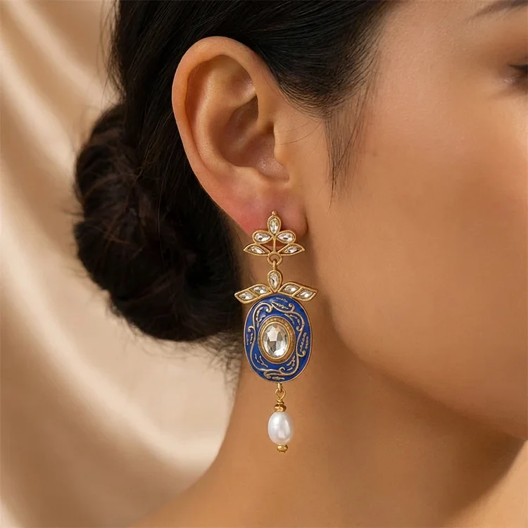 Vintage Royal Blue Enamel Pearl Earrings - Image 3