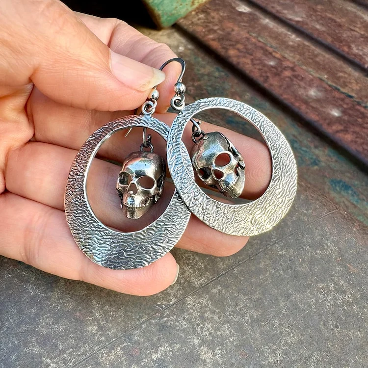 Vintage Silver Calavera Skeleton Hoop Earrings - Image 2