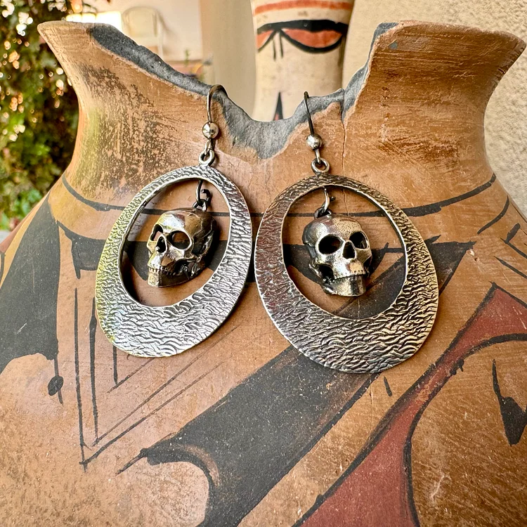 Vintage Silver Calavera Skeleton Hoop Earrings - Image 3