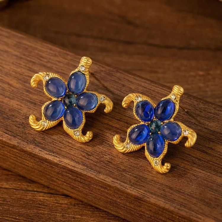 Vintage Starfish Blue Gem Statement Earrings - Image 2