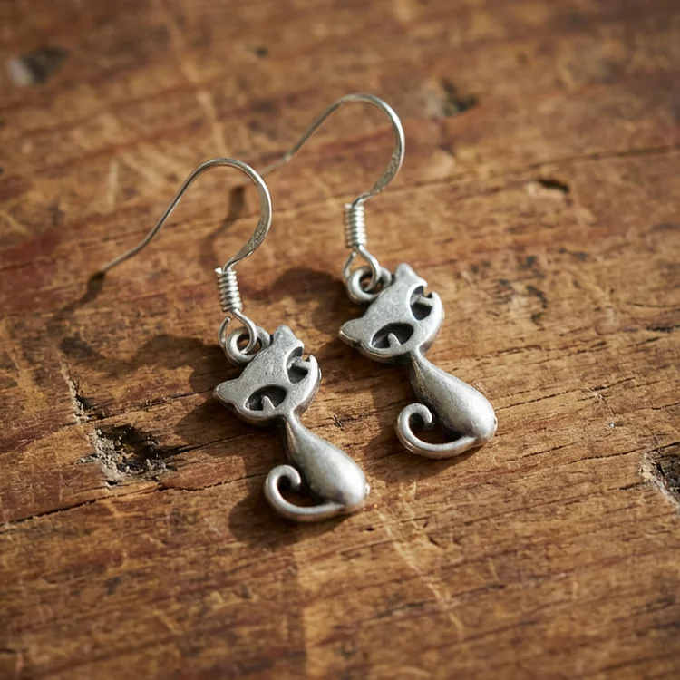 Vintage Tiny Cat Statement Dangle Hoop Earrings - Image 2