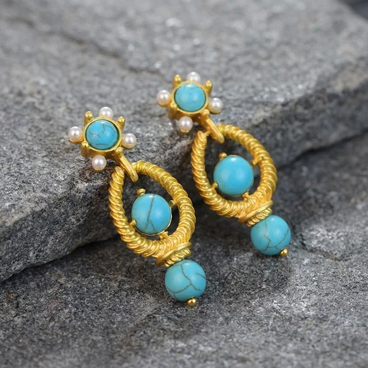 Vintage Turquoise Gold Twist Earrings - Image 2