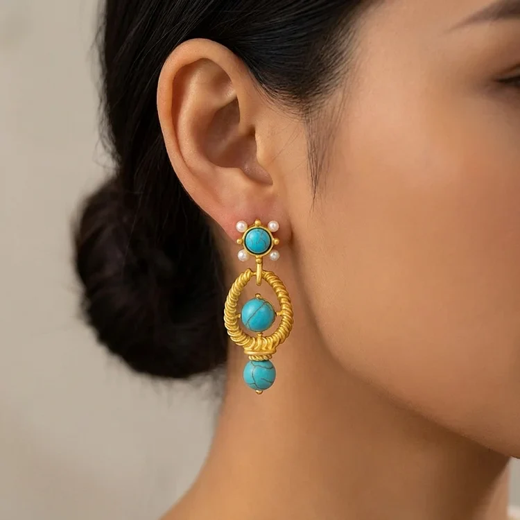Vintage Turquoise Gold Twist Earrings - Image 3