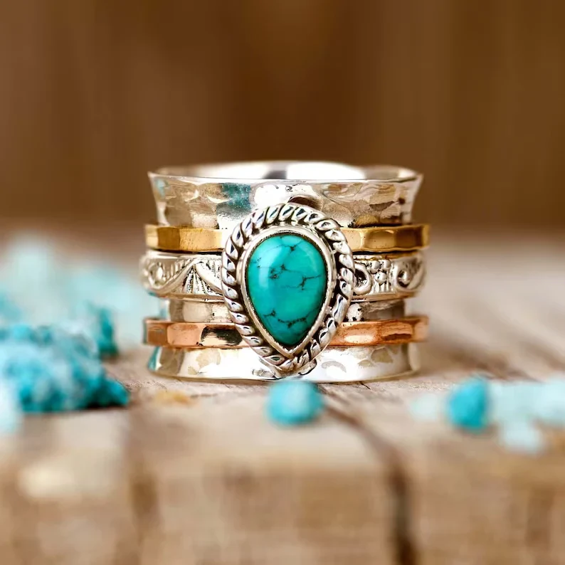 Vintage Turquoise Inlaid Stone Gold & Silver Ring - Image 2